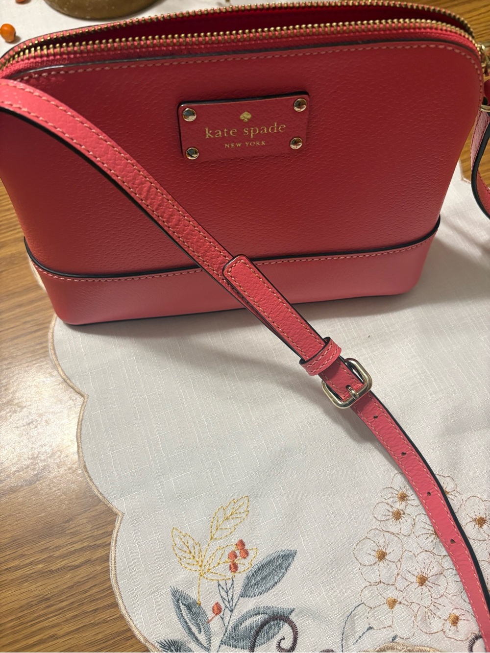 kate spade Coral-Pink Pebbled Leather Crossbody with Gold Hardware